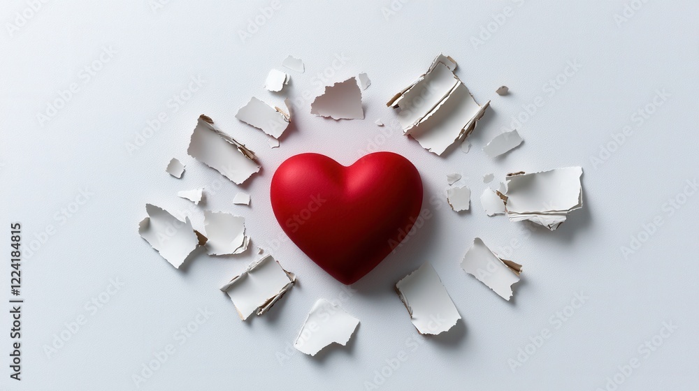 Poster minimalist design of a red heart surrounded by torn paper on a white background for creative use