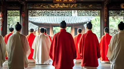 Vibrant Traditional Asian Ceremony with Participants in Colorful Robes in Ceremonial Hall : Generative AI