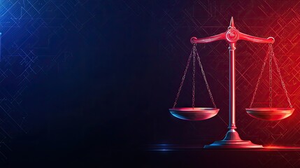 A modern, digital representation of a balanced scale, symbolizing justice and law against a dark blue and red background.