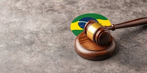 A wooden gavel rests on a circular base featuring the Brazilian flag, symbolizing justice and legal authority in Brazil.