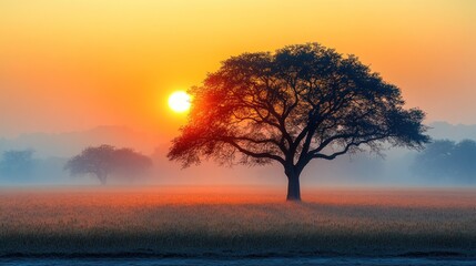 Sunrise over savanna, lone tree, misty field