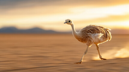 young ostrich running across golden desert at sunset, showcasing its speed and grace