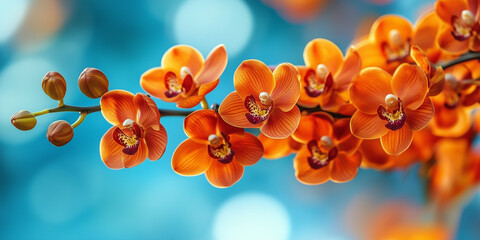 Orange orchids blooming with blue background.