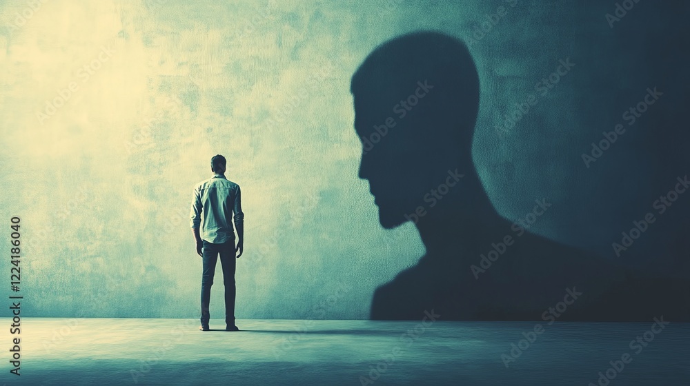 Poster man standing in front of large shadow on wall in dimly lit room symbolizing inner reflection