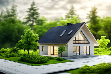 Modern house with large windows surrounded by greenery, showcasing sustainable architecture, elegance, and connection to nature.