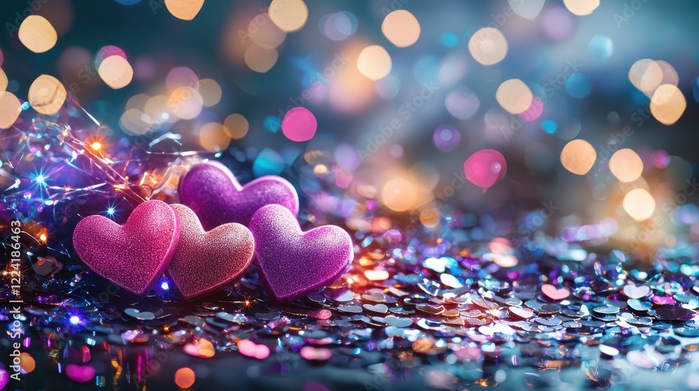 Poster bright pink and purple heart shapes resting on a shiny surface with colorful bokeh background