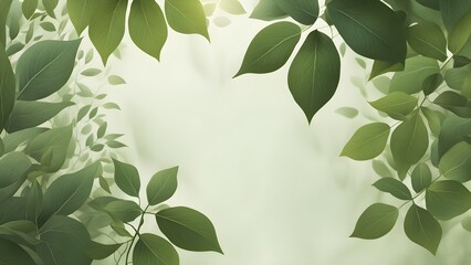 Soft, green leaves frame a light pastel background, creating a serene and natural border perfect for design projects.