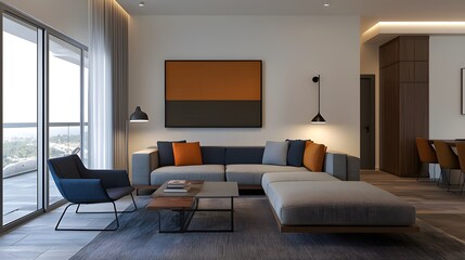 Modern Eclectic Penthouse Suite with Colorful Upholstery and Stylish Interior Design Elements