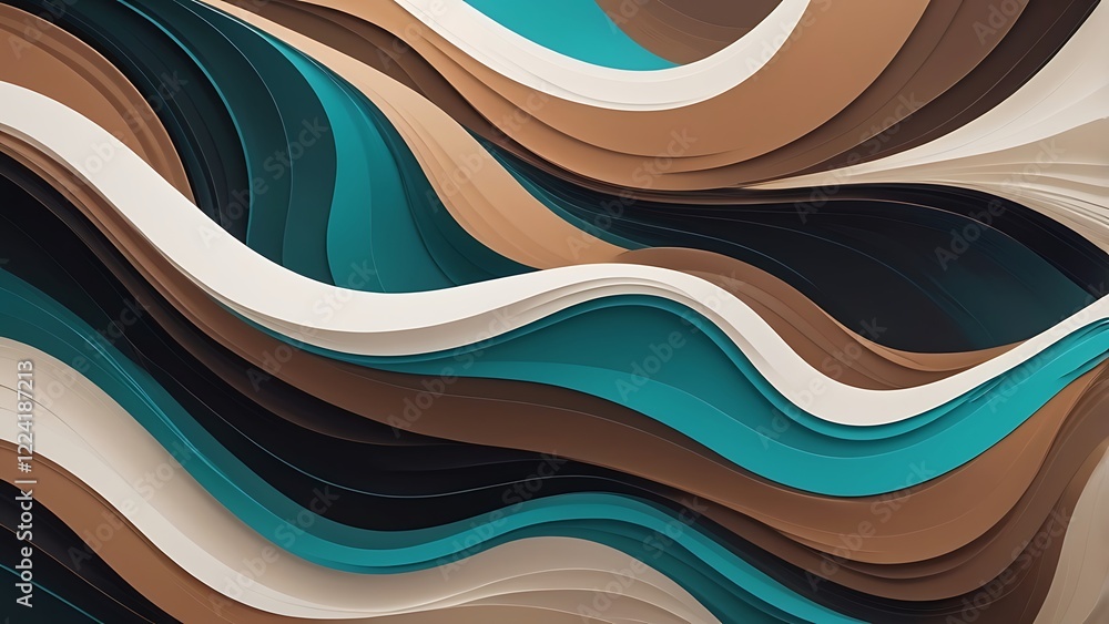 Poster abstract digital artwork featuring a flowing, wave like pattern characterized by smooth, undulating 