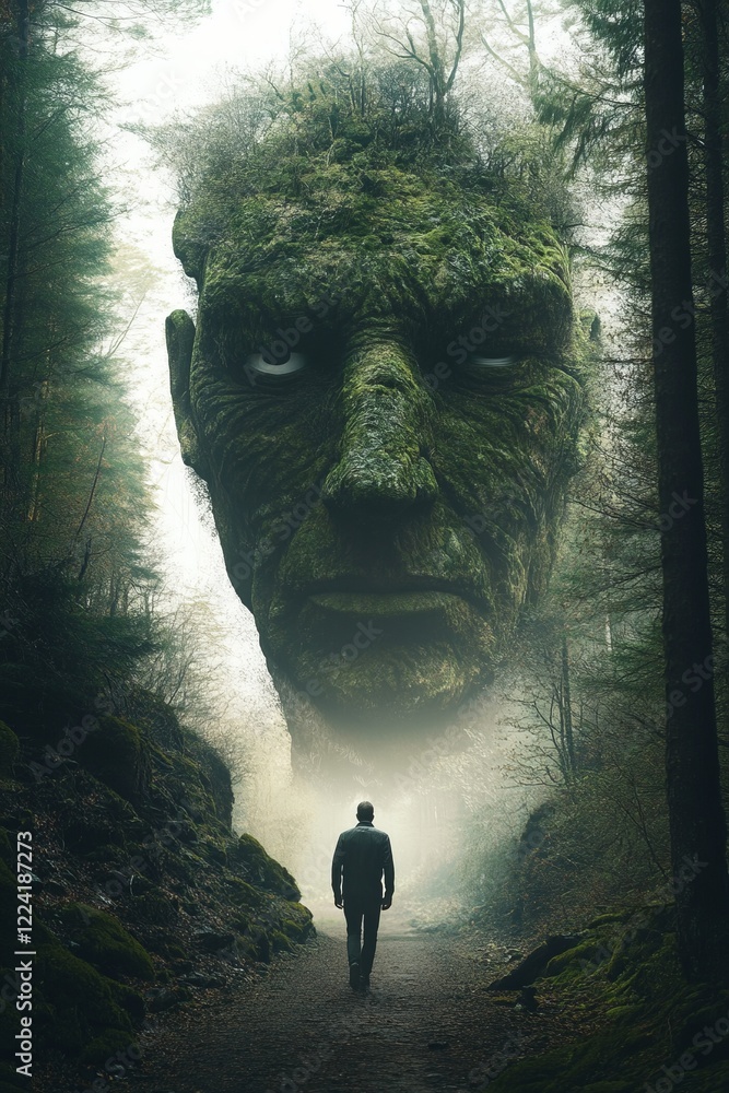 Poster mysterious forest path with enormous moss-covered stone face overhead in enchanting misty atmosphere