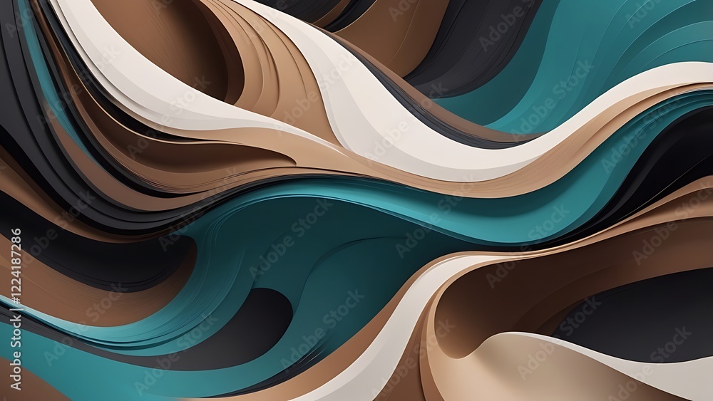 Poster abstract digital artwork featuring a flowing, wave like pattern characterized by smooth, undulating 