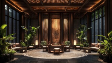 Elegant Interior Design of a Modern Zen Lounge with Plants