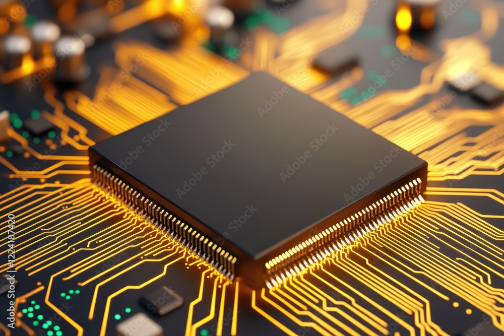 Aufkleber close-up view of microchip on circuit board with bright connections