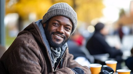 A homeless man smiles warmly while enjoying a meal at an outdoor food distribution event. The scene captures kindness, community support, and hope in a challenging situation