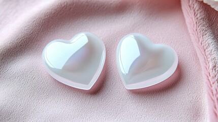 Fototapeta premium Glossy White Hearts with Pearl Finish on Soft Pink Fabric Ideal for Romantic or Wedding Themes