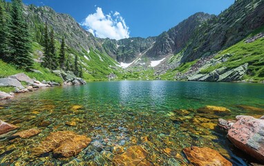Crystal-clear alpine lake nestled in a mountain valley.