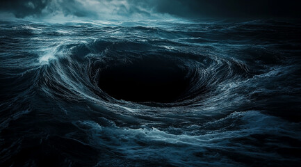 A pitch-black void at the center of an ocean, surrounded by turbulent waves and swirling waters.