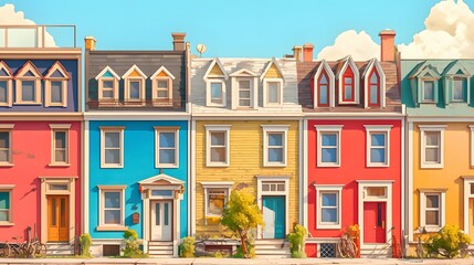 Row of brightly painted multicolored houses, showcasing vibrant urban architecture.