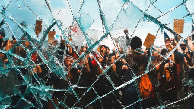 A crowd of people are gathered in front of a broken window