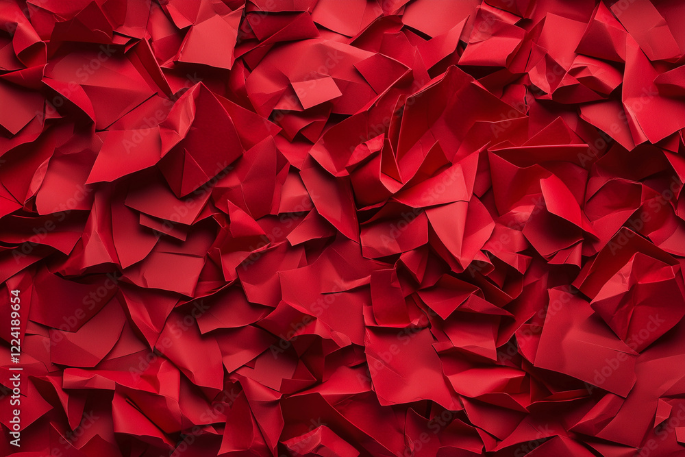 Poster red background with red paper pieces scattered all over it. the paper pieces are cut into various sh