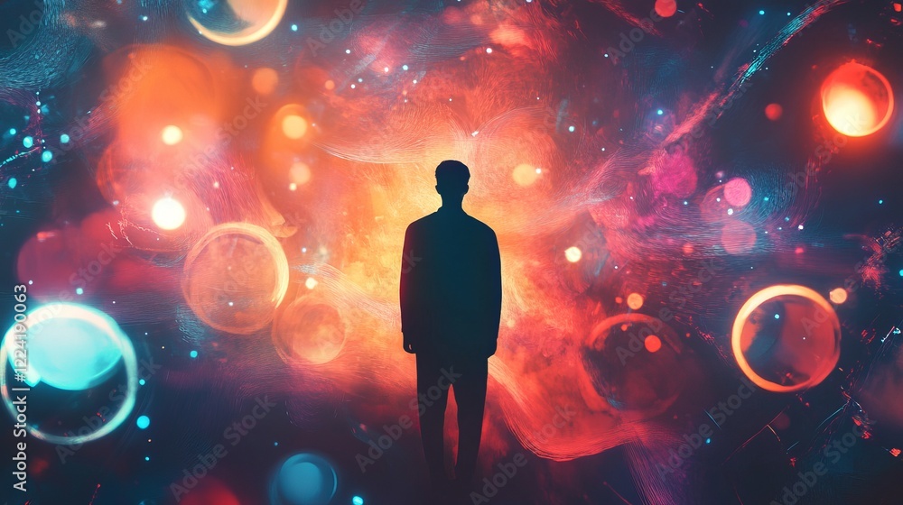Poster silhouette of a person against a vibrant abstract background with colorful lights and bokeh effects