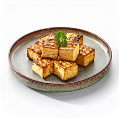 Grilled paneer cubes on white background