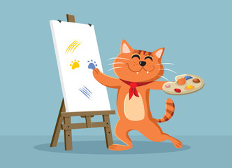 Happy Cat Painting with its Paws on a Canva Vector Character. Cheerful artistic domestic animal creating an artwork  © nicoletaionescu
