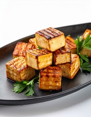 Grilled paneer cubes on white background