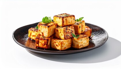 Grilled paneer cubes on white background