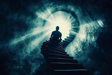 A man is sitting on a staircase in a dark tunnel