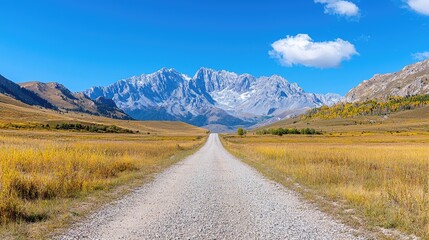 Obraz premium Empty gravel road leads through a golden autumn valley toward majestic snow-capped mountains under a clear blue sky.