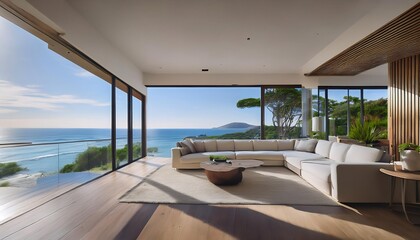 Fototapeta premium Modern oceanfront home with a sleek interior. Floor-to-ceiling windows showcase panoramic coastal views, blending luxurious living with natural beauty. Contemporary furniture complements the clean