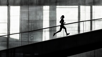 Silhouette of a woman jogging on a modern indoor staircase