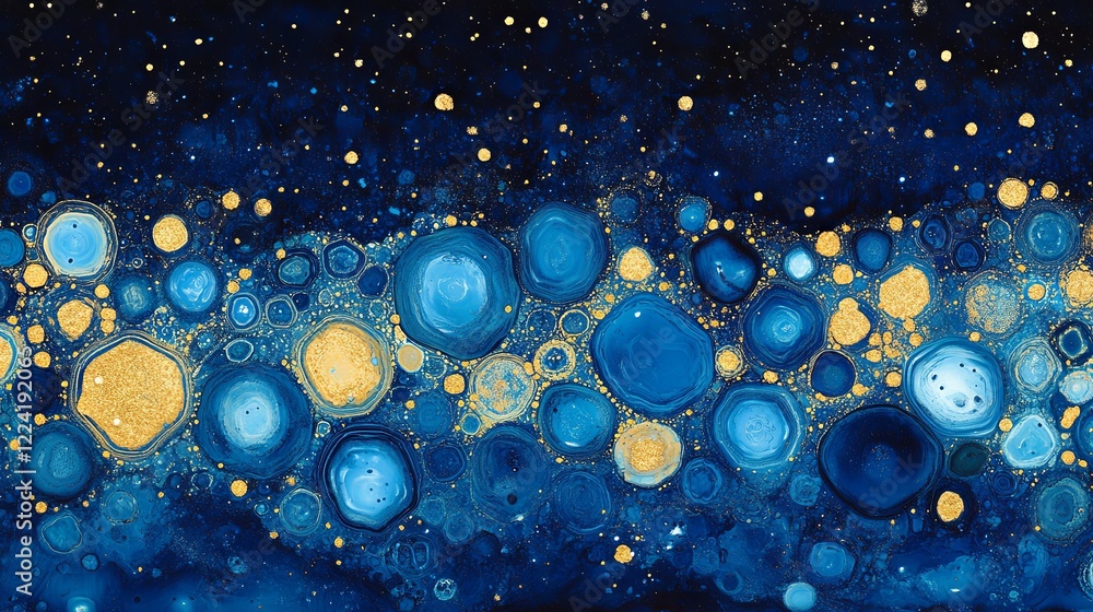 Aufkleber glowing hexagonal fractal grid pattern shimmering in blue and gold hues with intricate designs