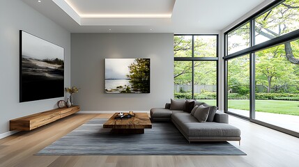 spacious modern living room with soft earth tones, neutral gray sofa, wooden coffee table, and large open windows letting in natural sunlight 