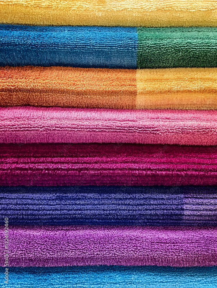 Poster vibrant rainbow colored towels stacked neatly showing textured fabric patterns : generative ai