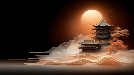 Chinese architectural landmarks outlined in fine gold, deep red and burgundy gradient background, delicate golden wave and cloud patterns, cultural symbols, luxurious textures, cinematic and 