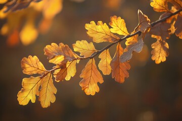 Obraz premium A tranquil scene of oak leaves gently swaying in the breeze, surrounded by a forest bathed in golden autumn light.