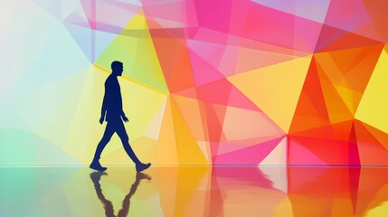 Silhouette of a Person Walking Against a Vibrant Geometric Abstract Background