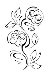 stylized curved twig with flowers, leaves and curls; graphic decor