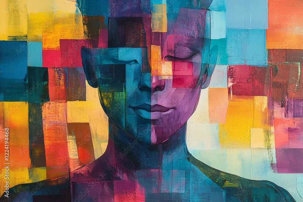 Poster abstract portrait with geometric shapes and vibrant color blocks
