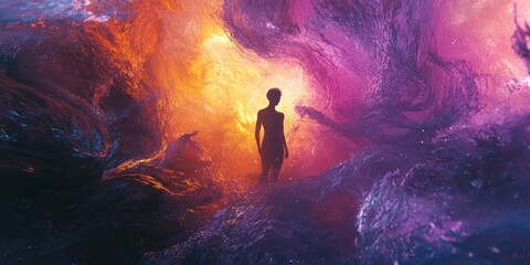 Fototapeta premium A person is standing in a purple and orange space