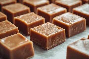 Close-up of a chocolate bar with rich, smooth layers and glossy finish, surrounded by a sprinkling of cocoa powder on a marble countertop.