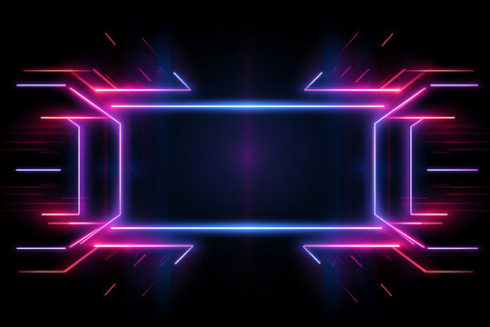 bunte Neon Lichter in Linien mit strahlenden Lichteffekten auf dunklem schwarzem Hintergrund mit Platz f&uuml;r Text. Querformat. Generative AI.