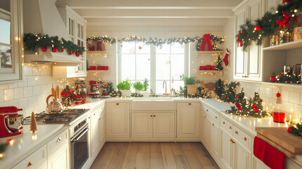 Elegant Christmas-Themed Kitchen Decor With White Cabinets and Festive Accents