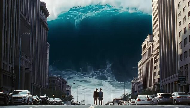 A couple looks up at an oncoming massive wave in the middle of a city street.