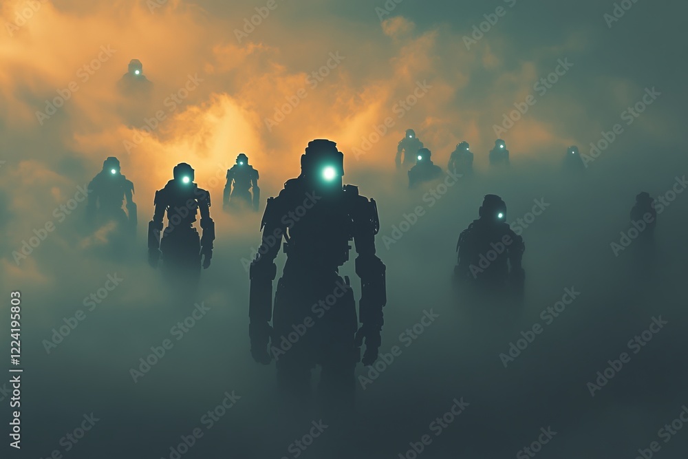Poster futuristic robots emerging from misty fog with glowing eyes in mysterious sci-fi landscape at dawn