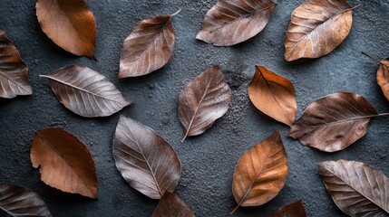 Fototapeta premium Fallen Brown Leaves on Dark Surface