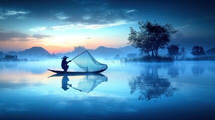 Fototapeta premium Fisherman at Dawn on Calm Water Surrounded by Misty Mountains