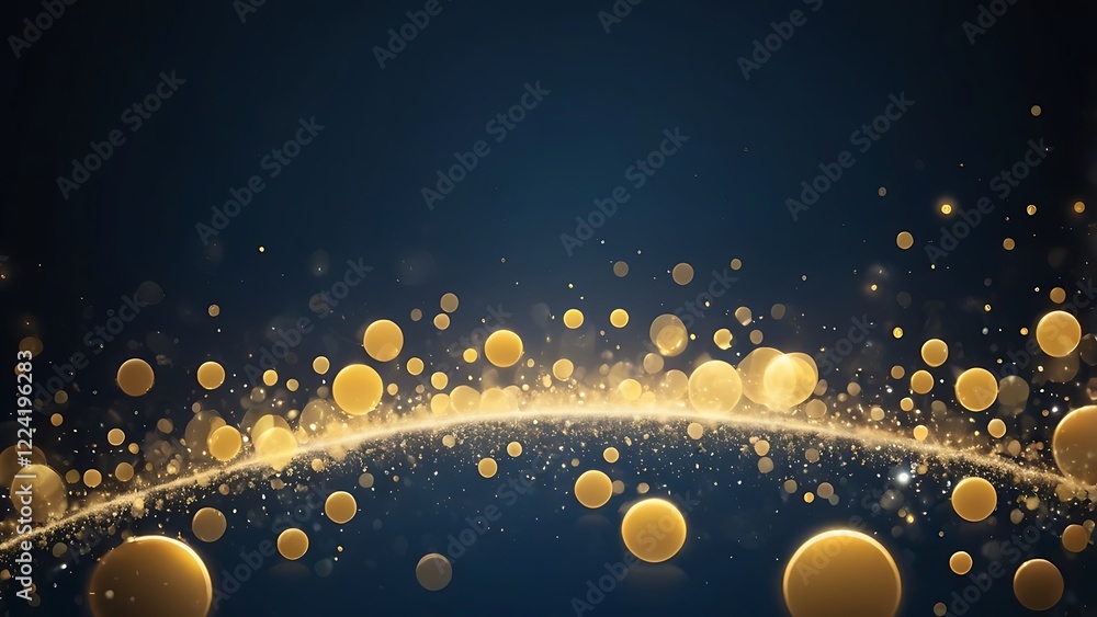 Poster digital abstract artwork illustration featuring a dark blue background with an array of golden circl